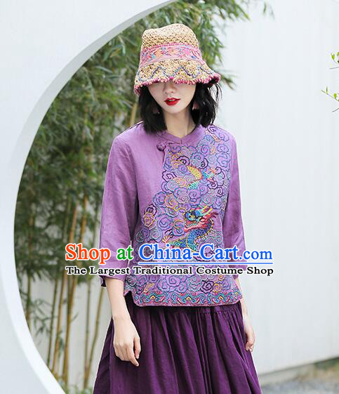 Chinese Traditional Cheongsam Blouse Qipao Upper Outer Garment Embroidered Purple Flax Shirt