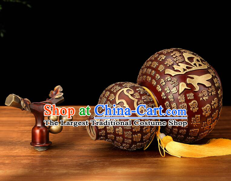 Chinese Brass Craft Lucky Wine Flagon Copper Water Bottle Handmade Carving Gourd Bottle
