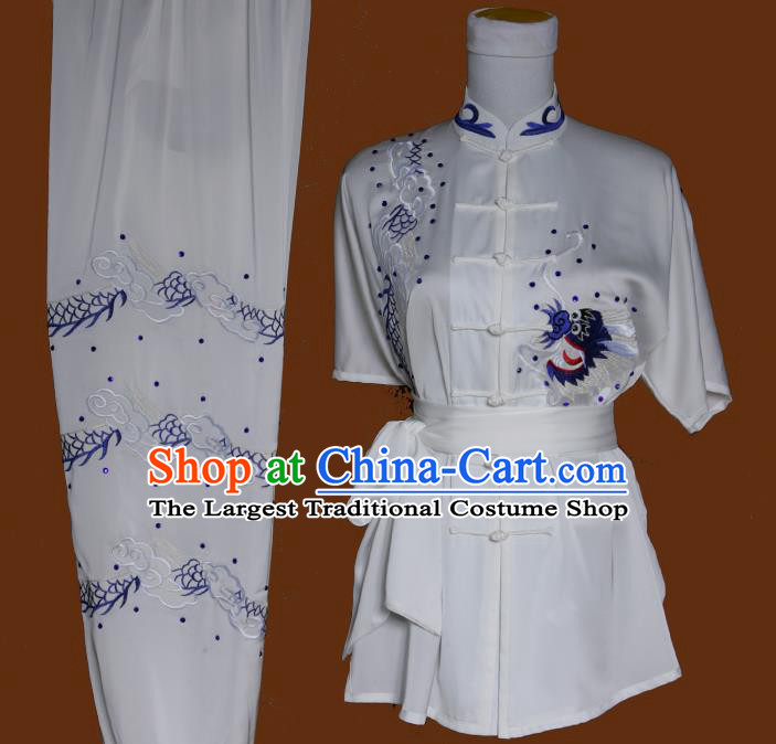 Chinese Traditional Wushu Competition Clothing Changquan Embroidered Dragon White Outfit Martial Arts Uniforms Kung Fu Costumes