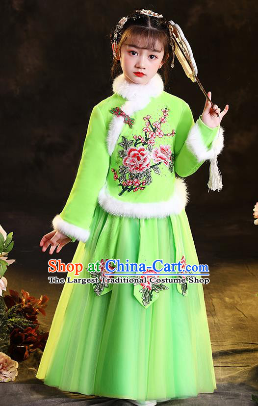 Chinese Folk Dance Green Dress Traditional New Year Clothing Children Winter Uniform Stage Performance Garment Costumes