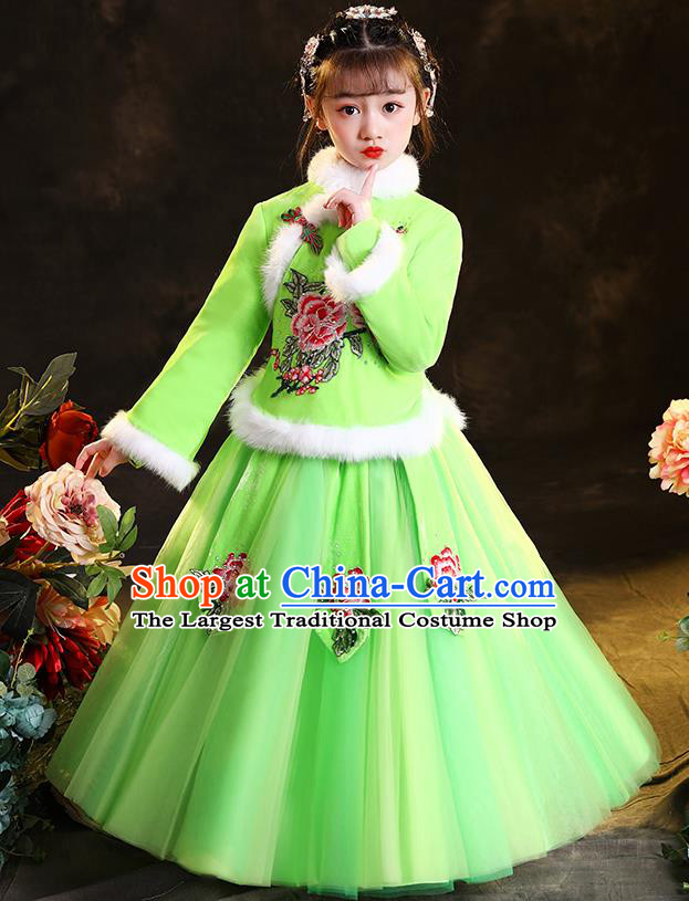 Chinese Folk Dance Green Dress Traditional New Year Clothing Children Winter Uniform Stage Performance Garment Costumes