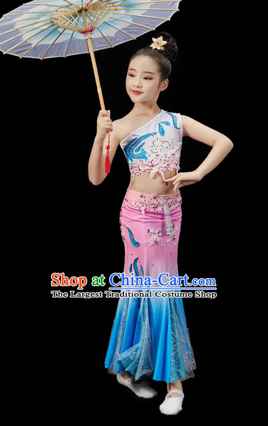 Chinese Traditional Peacock Dance Clothing Children Dance Dress Uniform Stage Performance Garment Costumes Classical Dance Dress