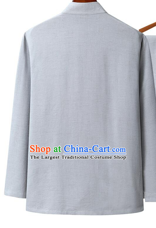 Chinese Traditional Grey Linen Upper Outer Garment Embroidered Phoenix and Dragon Shirt