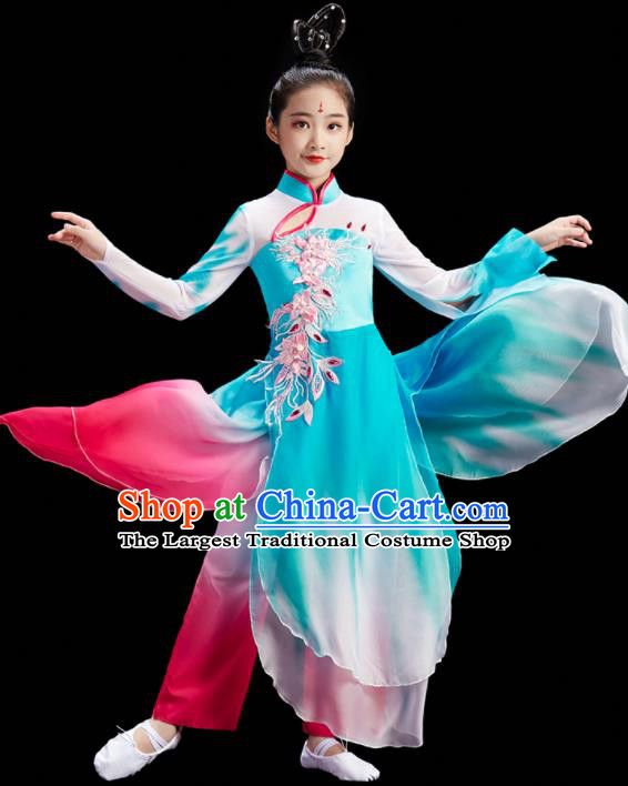 Chinese Fan Dance Uniform Children Group Dance Clothing Umbrella Dance Costume Stage Performance Blue Dress
