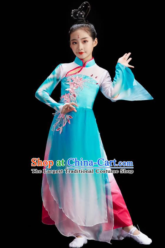 Chinese Fan Dance Uniform Children Group Dance Clothing Umbrella Dance Costume Stage Performance Blue Dress