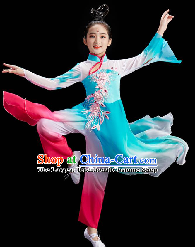 Chinese Fan Dance Uniform Children Group Dance Clothing Umbrella Dance Costume Stage Performance Blue Dress