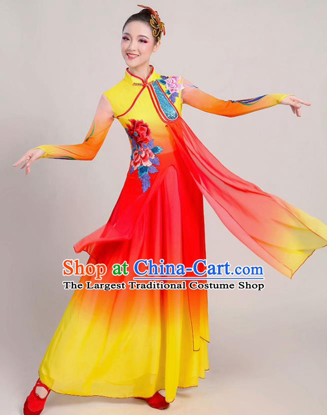 China Fan Dance Garment Costume Classical Dance Yellow Dress Stage Performance Chiffon Clothing Umbrella Dance Attires