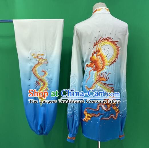 Chinese Traditional Tai Chi Competition Clothing Embroidered Dragon Gradient Blue Outfit Martial Arts Uniforms Kung Fu Costumes