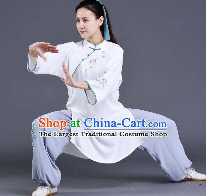 Chinese Tai Chi Training Costumes Tai Ji Chuan White Outfits Traditional Shadow Boxing Embroidered Clothing