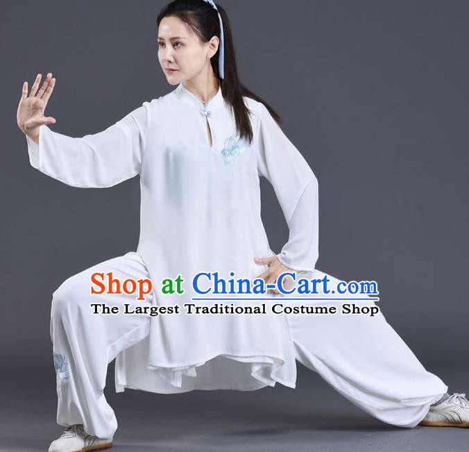 Chinese Traditional Shadow Boxing Embroidered Lotus Clothing Tai Chi Training Costumes Tai Ji Chuan Performance White Outfits