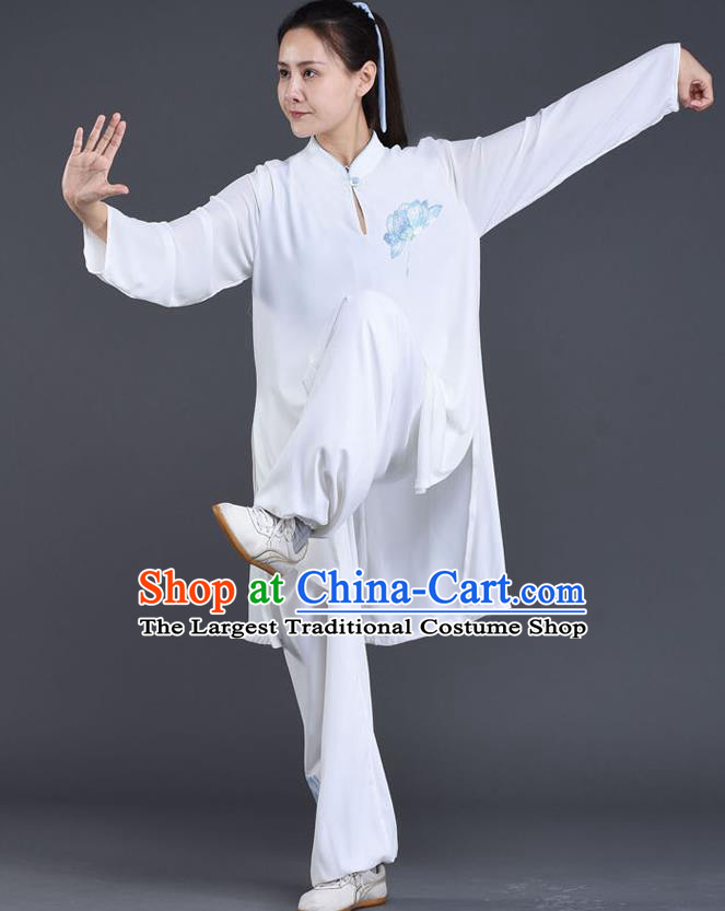 Chinese Traditional Shadow Boxing Embroidered Lotus Clothing Tai Chi Training Costumes Tai Ji Chuan Performance White Outfits