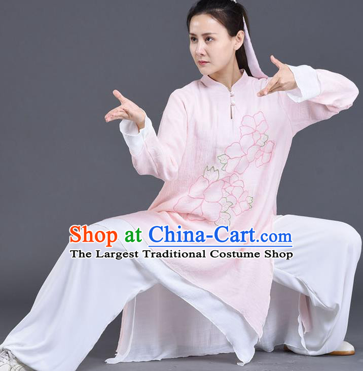 Chinese Tai Ji Chuan Performance Pink Linen Outfits Traditional Shadow Boxing Embroidered Clothing Tai Chi Training Costumes