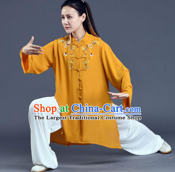 Chinese Tai Chi Training Clothing Tai Ji Chuan Competition Outfits Traditional Kung Fu Embroidered Ginger Shirt and White Pants