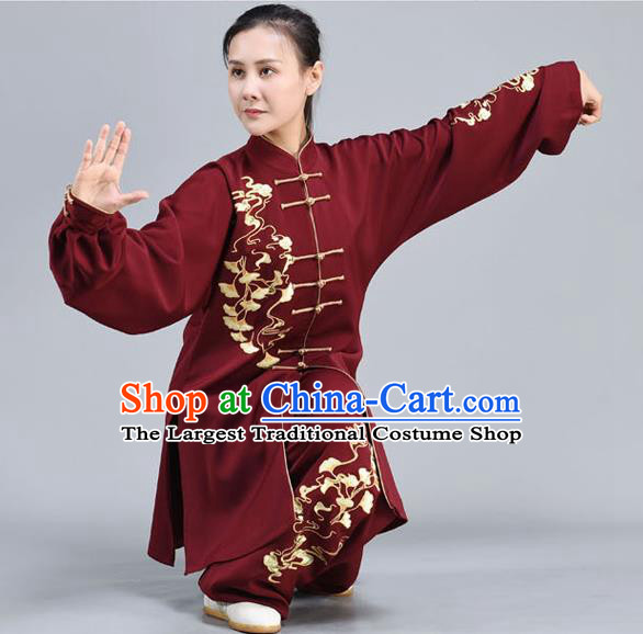 Chinese Tai Ji Chuan Training Maroon Outfits Traditional Embroidered Ginkgo Leaf Shirt and Pants Tai Chi Performance Clothing