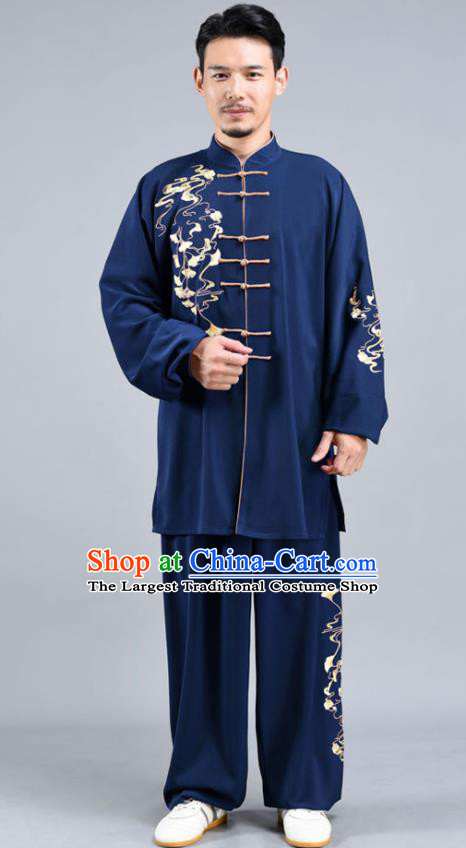 Chinese Traditional Embroidered Ginkgo Leaf Kung Fu Shirt and Pants Tai Chi Performance Clothing Tai Ji Chuan Training Midnight Blue Outfits