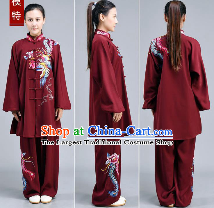 Chinese Tai Ji Chuan Training Maroon Outfits Traditional Embroidered Phoenix Shirt and Pants Tai Chi Kung Fu Clothing