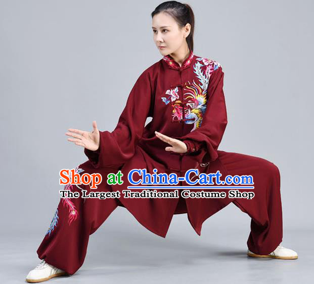 Chinese Tai Ji Chuan Training Maroon Outfits Traditional Embroidered Phoenix Shirt and Pants Tai Chi Kung Fu Clothing