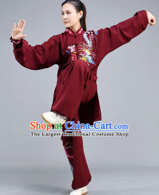 Chinese Tai Ji Chuan Training Maroon Outfits Traditional Embroidered Phoenix Shirt and Pants Tai Chi Kung Fu Clothing