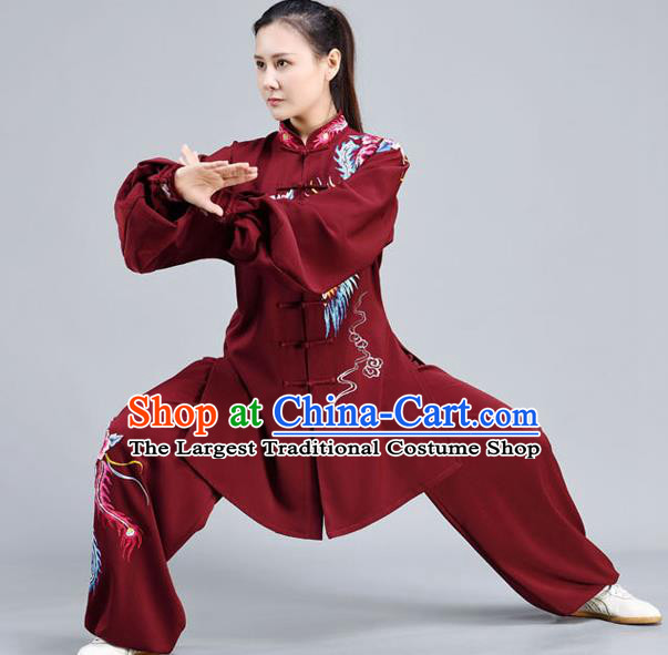 Chinese Tai Ji Chuan Training Maroon Outfits Traditional Embroidered Phoenix Shirt and Pants Tai Chi Kung Fu Clothing