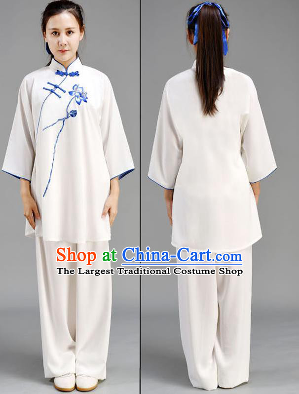 Chinese Tai Ji Performance White Outfits Traditional Kung Fu Garments Embroidered Lotus Linen Shirt and Pants Tai Chi Competition Clothing