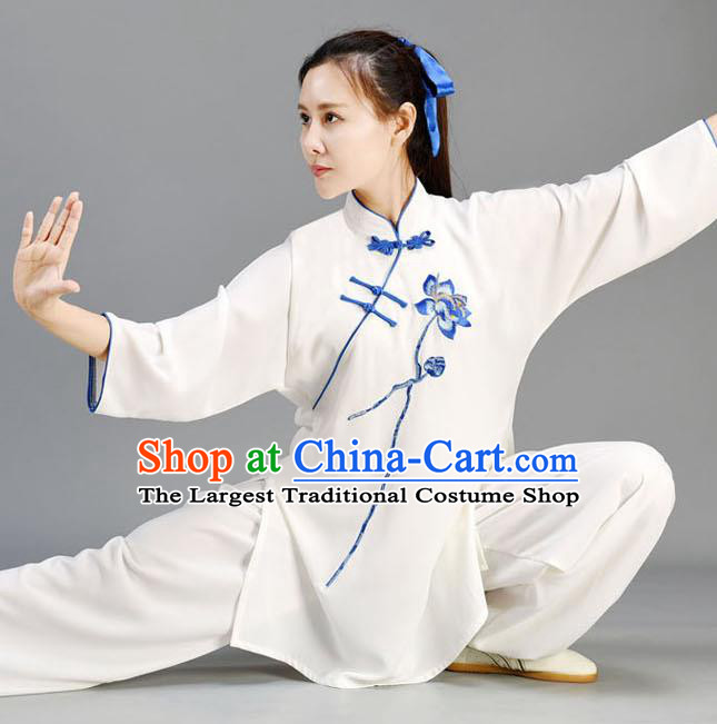 Chinese Tai Ji Performance White Outfits Traditional Kung Fu Garments Embroidered Lotus Linen Shirt and Pants Tai Chi Competition Clothing