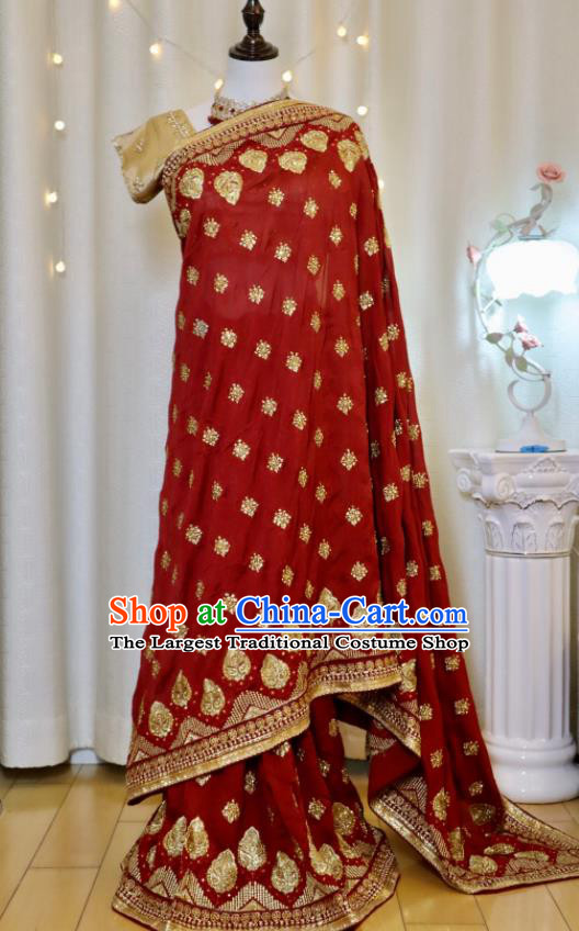 Indian Red Wedding Dress Bride Embroidered Clothing Traditional Garment Costumes India Sari