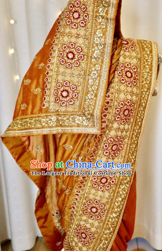 India Ginger Sari Asian Traditional Garment Costumes Indian Wedding Dress Bride Embroidered Clothing