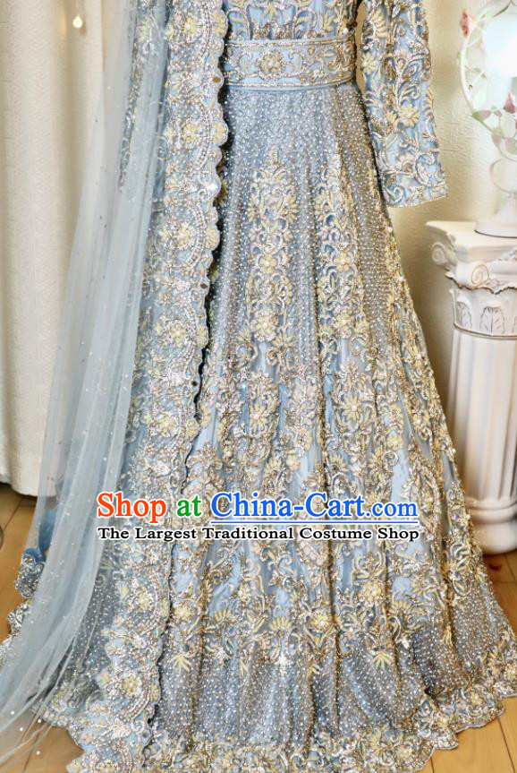 Indian Wedding Dress  Top Embroidered Light Blue Lengha Outfit India Bride Clothing Traditional Garment Costumes