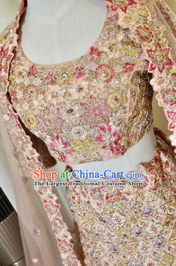 Indian Traditional Garment Costumes Wedding Dress Top Embroidered Pink Lengha Outfit India Bride Clothing
