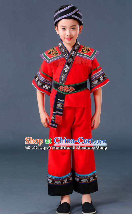 Chinese Yi Nationality Children Red Outfits Ethnic Festival Costumes Miao Minority Folk Dance Clothing