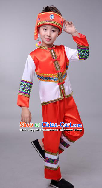 Chinese Ethnic Festival Costumes Tujia Minority Folk Dance Clothing Yi Nationality Boy Red Outfits