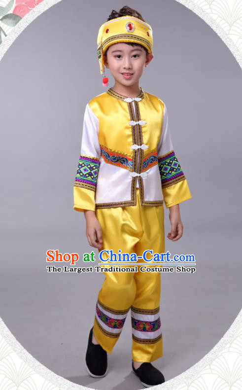 Chinese Yi Nationality Boy Yellow Outfits Ethnic Festival Costumes Tujia Minority Folk Dance Clothing