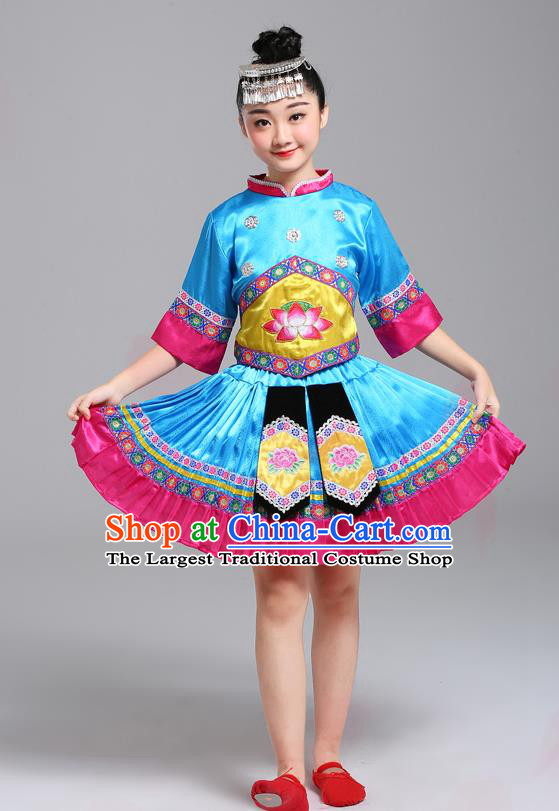Chinese Guangxi Nationality Girl Blue Dress Outfits Zhuang Ethnic Festival Costumes Yi Minority Folk Dance Clothing