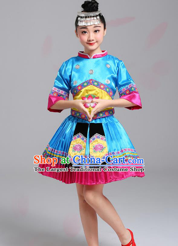Chinese Guangxi Nationality Girl Blue Dress Outfits Zhuang Ethnic Festival Costumes Yi Minority Folk Dance Clothing