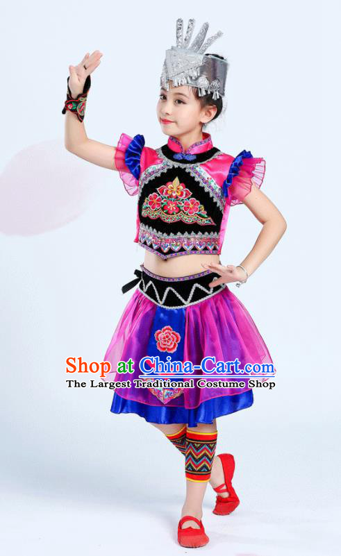 Chinese Ethnic Festival Performance Costumes Li Minority Folk Dance Clothing Yi  Nationality Girl Rosy Dress Outfits