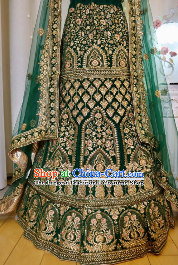 India Traditional Lengha Garment Wedding Dress Asian Embroidered Deep Green Outfit Top Indian Clothing