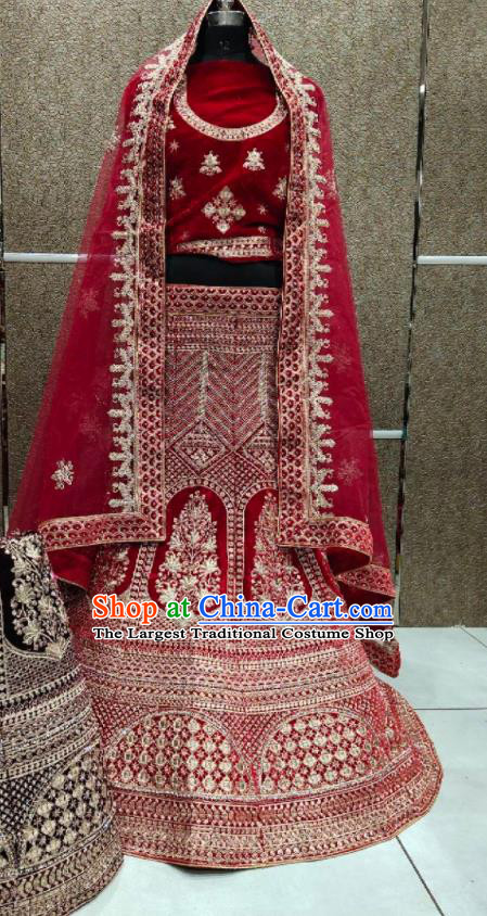 Top Embroidered Deep Red Dress Outfit Indian Wedding Clothing India Traditional Bride Lengha Garment