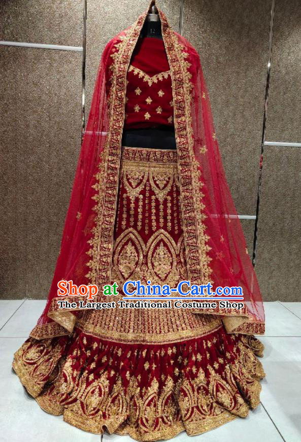 India Traditional Bride Lengha Garment Top Embroidered Red Velvet Dress Outfit Indian Wedding Clothing