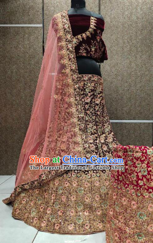Top Indian Traditional Bride Lengha Garment Embroidered Maroon Velvet Dress Outfit India Wedding Clothing