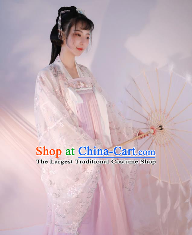Chinese Traditional Hanfu Clothing Ancient Young Lady Pink Dress Tang Dynasty Princess Costumes