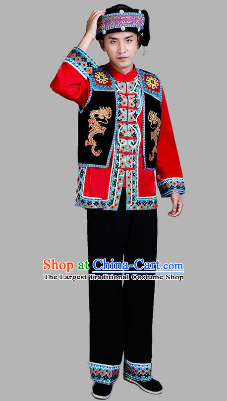 Chinese Ethnic Festival Performance Costumes Tujia Minority Folk Dance Clothing Yi Nationality Men Outfits