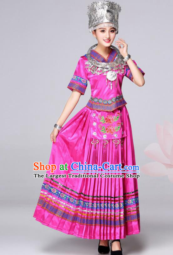 Chinese Miao Minority Festival Clothing Tujia Nationality Megenta Dress Outfits Ethnic Folk Dance Costumes
