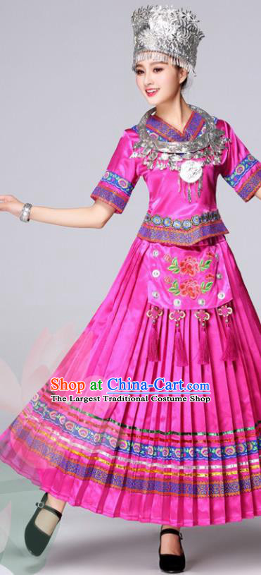 Chinese Miao Minority Festival Clothing Tujia Nationality Megenta Dress Outfits Ethnic Folk Dance Costumes