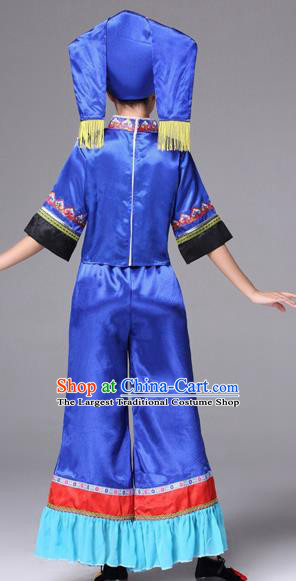 Chinese Ethnic Folk Dance Costumes Guangxi Minority Festival Clothing Zhuang Nationality Royal Blue Outfits and Headdress