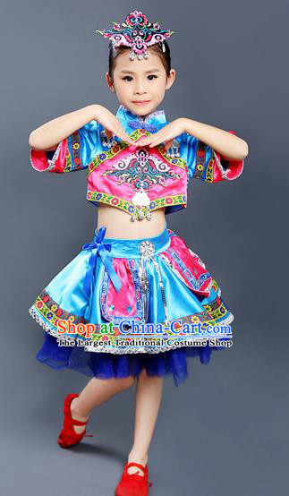 Chinese Yi Nationality Blue Dress Outfits Ethnic Folk Dance Costumes She Minority Children Festival Clothing