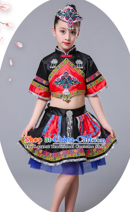 Chinese She Minority Children Festival Clothing Yi Nationality Black Dress Outfits Ethnic Folk Dance Costumes