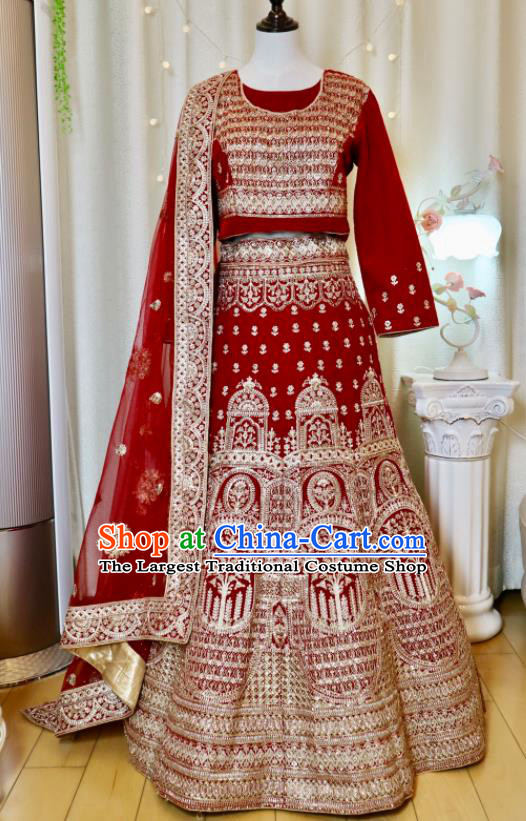 Top India Clothing Indian Bride Lengha Garment Embroidered Red Outfit Traditional Wedding Dress