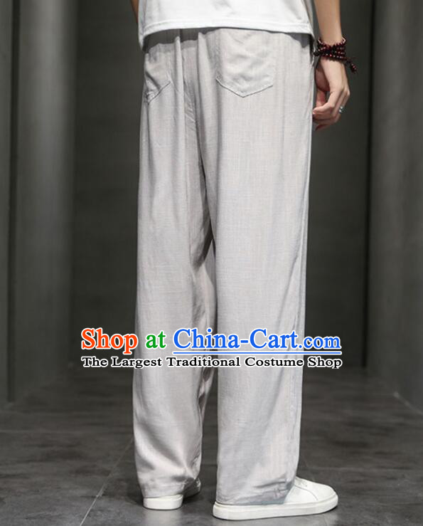 Chinese Top Linen Kung Fu Pants Martial Arts Training Grey Pants Shaolin Wushu Loose Pants Tai Chi Straight Leg Trousers for Men