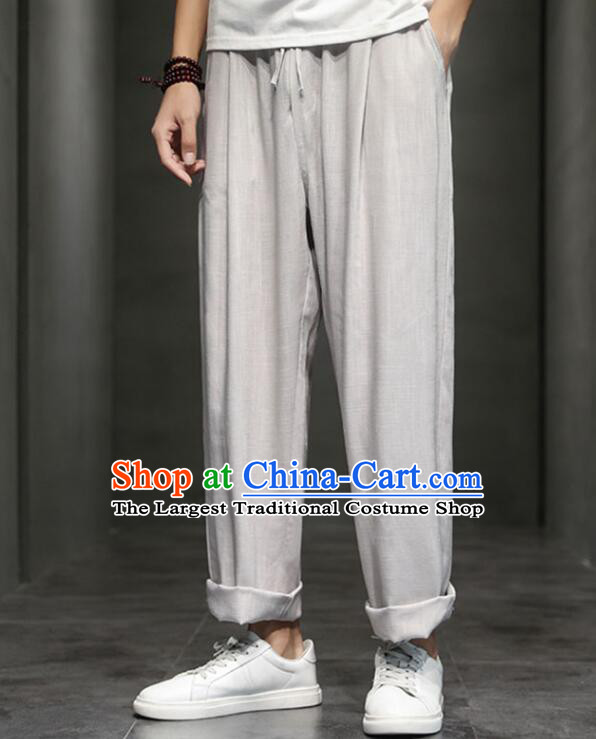 Chinese Top Linen Kung Fu Pants Martial Arts Training Grey Pants Shaolin Wushu Loose Pants Tai Chi Straight Leg Trousers for Men