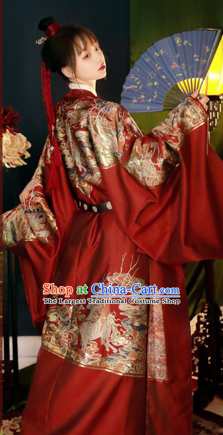 Chinese Ming Dynasty Garment Costumes Ancient Queen Clothing Traditional Hanfu Red Brocade Robe for Women